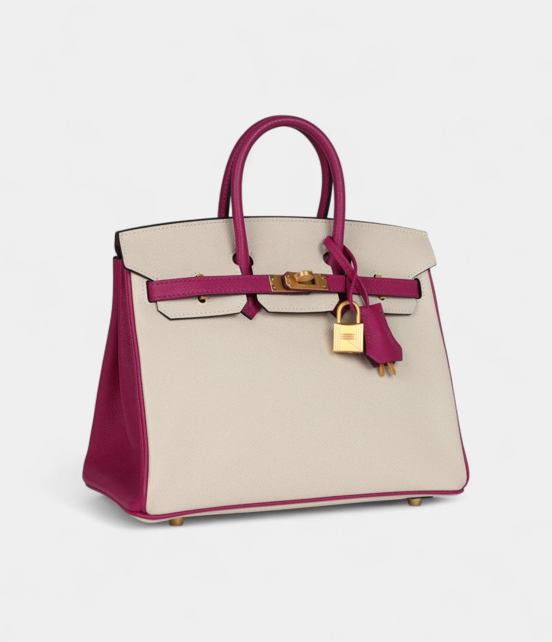 Hermès Birkin Sellier 25 Craie and Rose Pourpre Epsom Brushed Gold Hardware