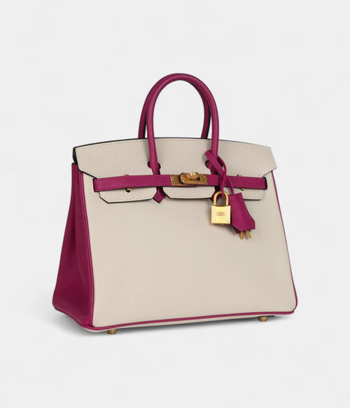 Hermès Birkin Sellier 25 Craie and Rose Pourpre Epsom Brushed Gold Hardware