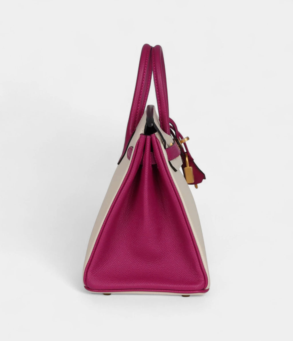 Hermès Birkin Sellier 25 Craie and Rose Pourpre Epsom Brushed Gold Hardware