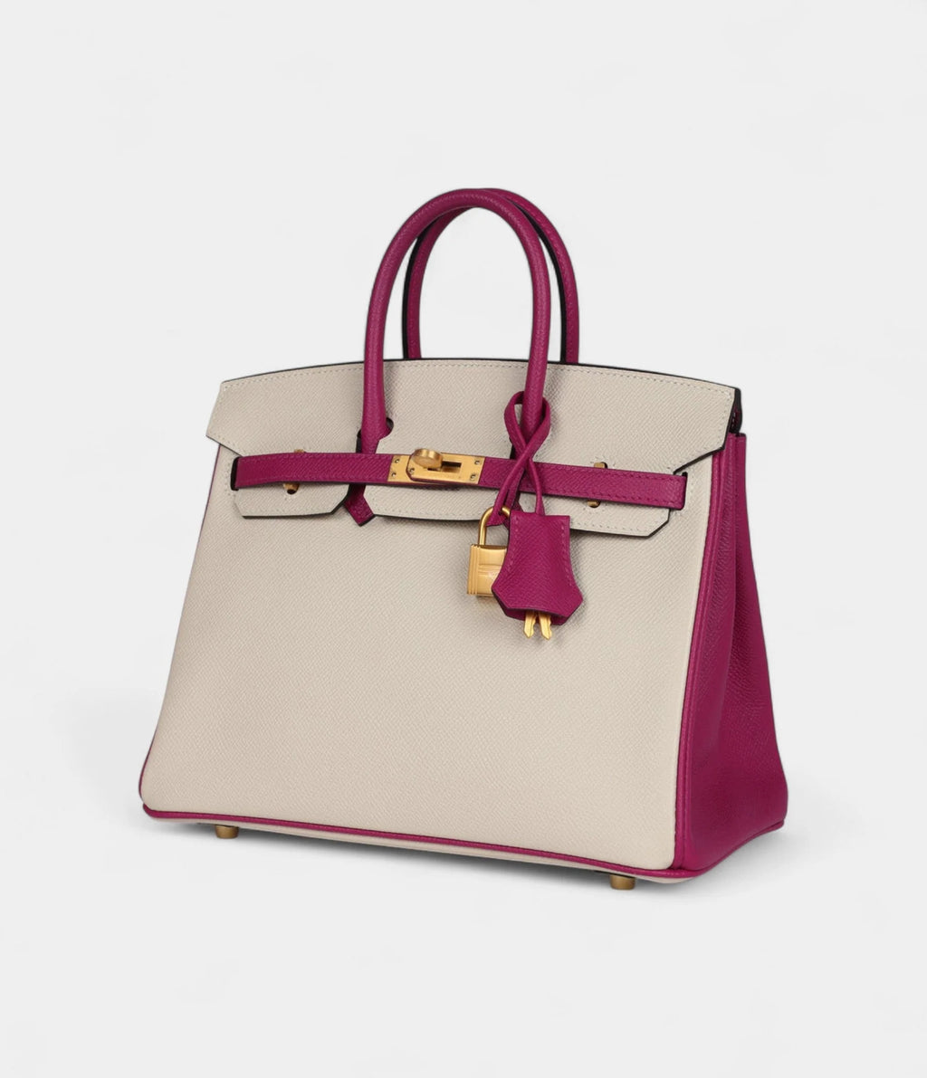 Hermès Birkin Sellier 25 Craie and Rose Pourpre Epsom Brushed Gold Hardware