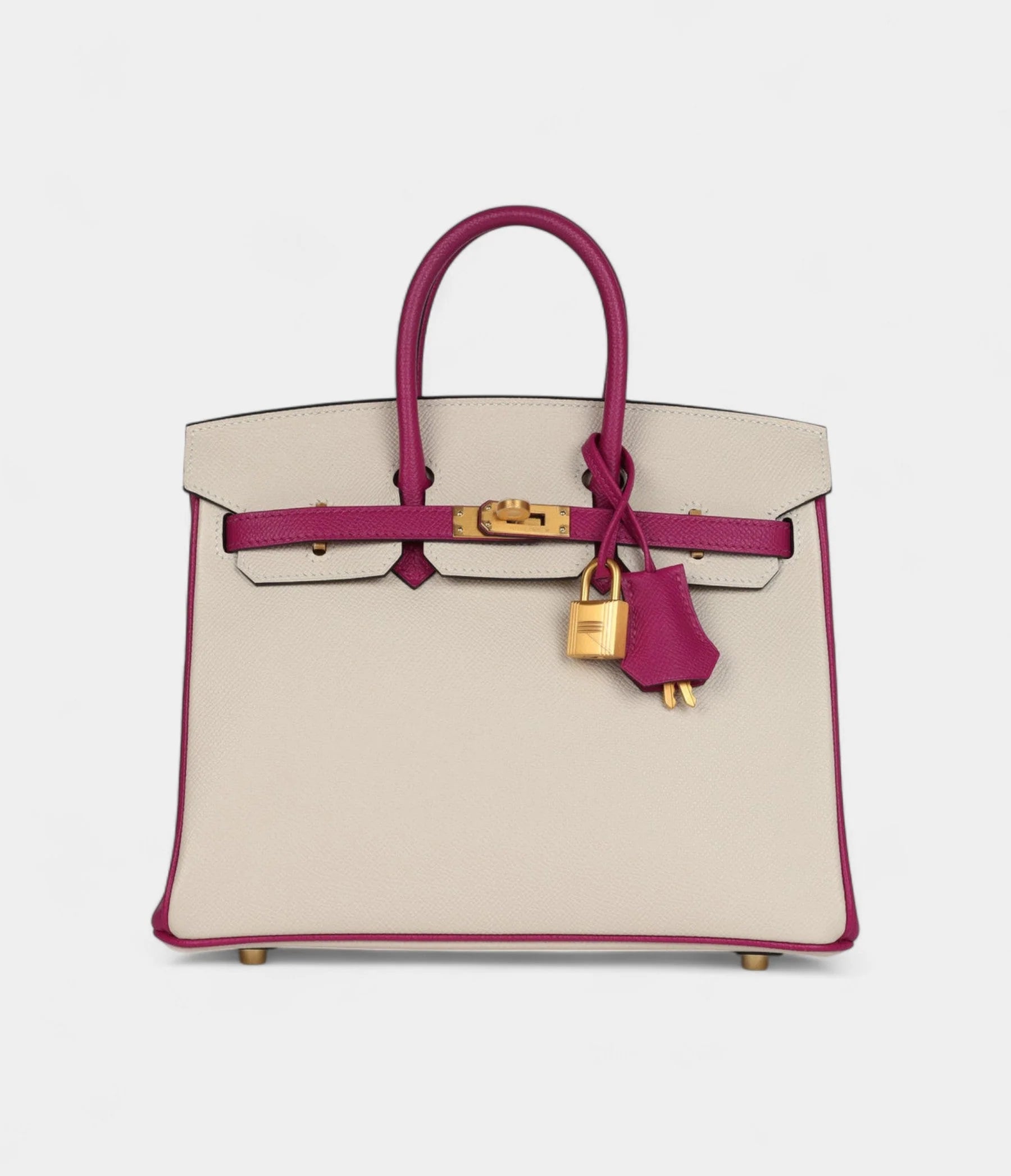 Hermès Birkin Sellier 25 Craie and Rose Pourpre Epsom Brushed Gold Hardware