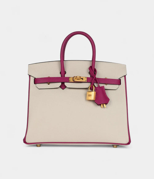 Hermès Birkin Sellier 25 Craie and Rose Pourpre Epsom Brushed Gold Hardware